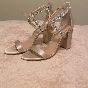 Satin jeweled nude heels